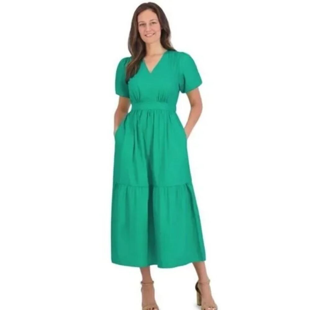 French Connection Poplin Puff Sleeve V Neck Tiered Fit and Flare Maxi Dress XL